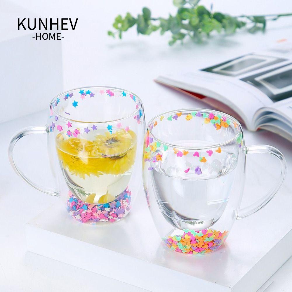 KUNHEV Cốc Thủy Tinh Uống Trà Cà Phê Hai Lớp Cách Nhiệt Chống Bỏng Hình Ngôi Sao Lấp Lánh