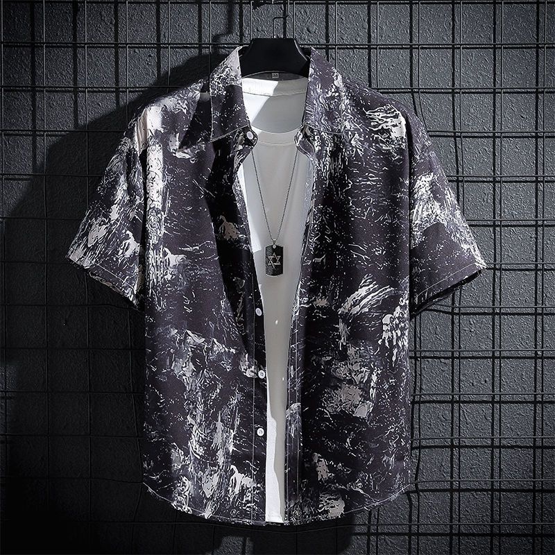 Áo Sơ Mi Tay Ngắn Dáng Rộng Cổ Vuông Kiểu Hồng Kông Cá Tính Cho Nam