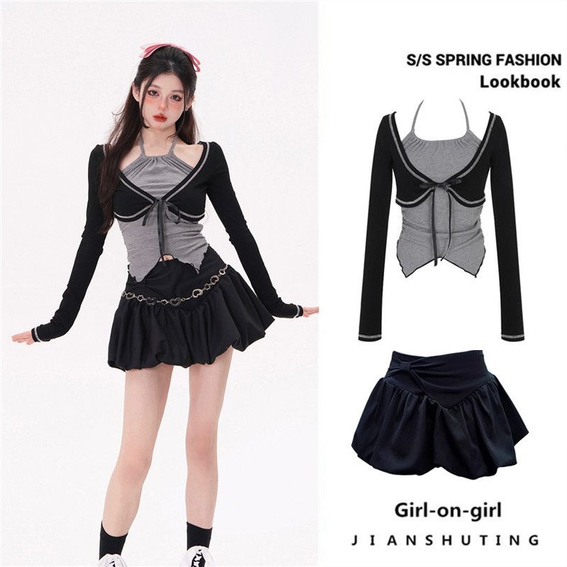 Set Áo Thun Tay Dài Dáng Ngắn Phối Chân Váy Ngắn Thời Trang Mùa Hè Xinh Xắn Cho Nữ