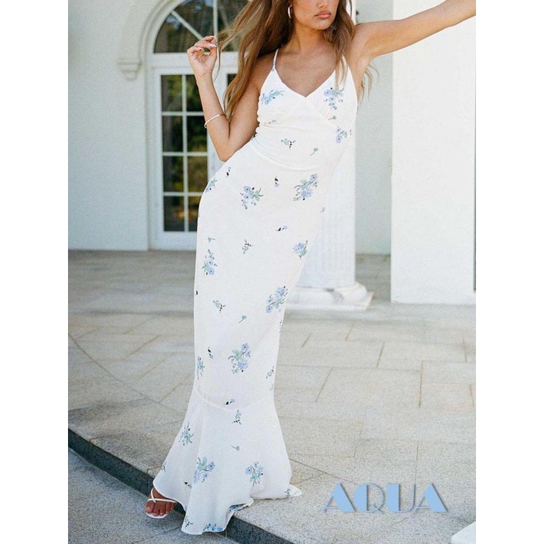 Đầm Dài Không Tay Cổ Chữ V Họa Tiết Hoa Hở Lưng Thời Trang Mùa Hè Cho Nữ