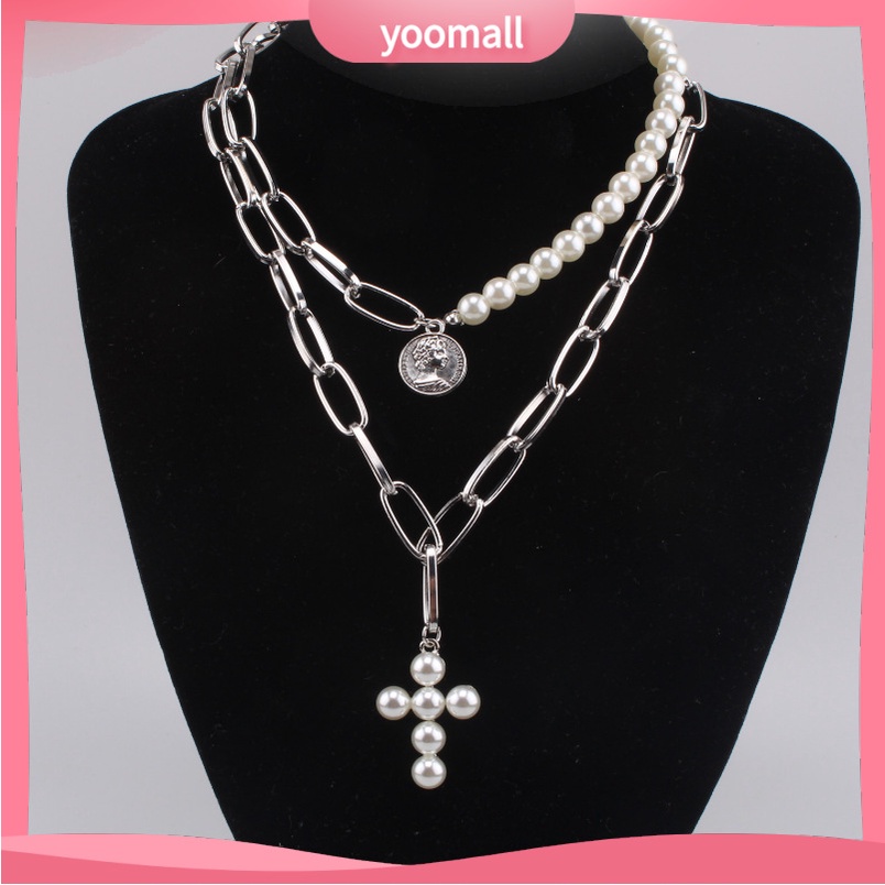 [YM] Vòng cổ Ngắn Hai Lớp Mặt Chữ Thập Đính Ngọc Trai Và Đầu Nữ Hoàng