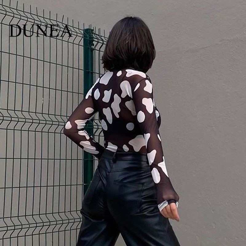 DUNEA Áo Thun Nữ Dài Tay Cổ Tròn Màu Trắng Đen