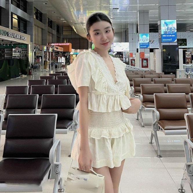 M536 - Set áo bèo phối ren babydoll nhún eo kèm quần short xinh hè 2023