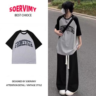 SOERVIMY áo_phông Áo Thun Phong cách mỹ Đường phố rộng Nữ Tay Lỡ cổ điển Chữ cái Logo Ju2005 A29J1OW