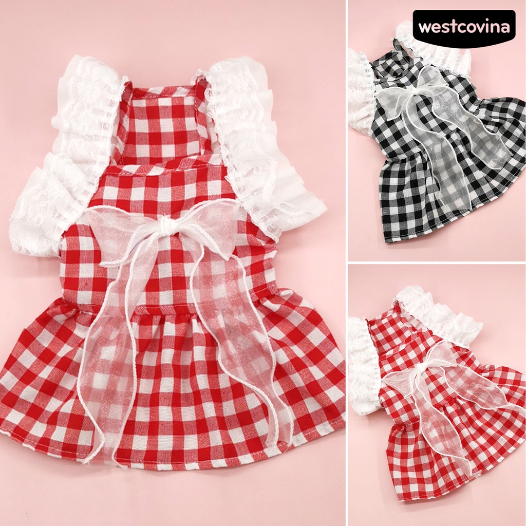 [COD]♞Đầm Công Chúa Họa Tiết Caro Đính Nơ Phối Ren Xinh Xắn Cho Thú Cưng