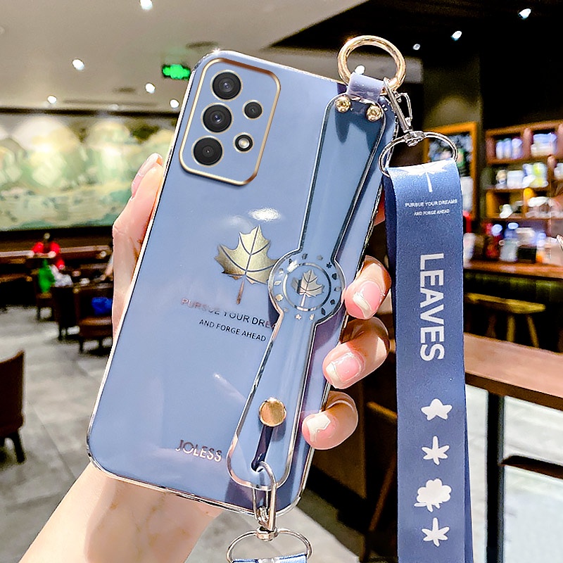 Ốp Điện Thoại Silicon Hình Chiếc Lá Phong Mạ Điện 6D Có Dây Đeo Cho Samsung Galaxy A54 A24 A14 M54 M14 4G 5G