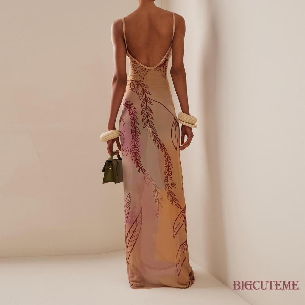 Đầm Dài Phối Lưới Xuyên Thấu Họa Tiết Hoa Thời Trang Mùa Hè Cho Nữ