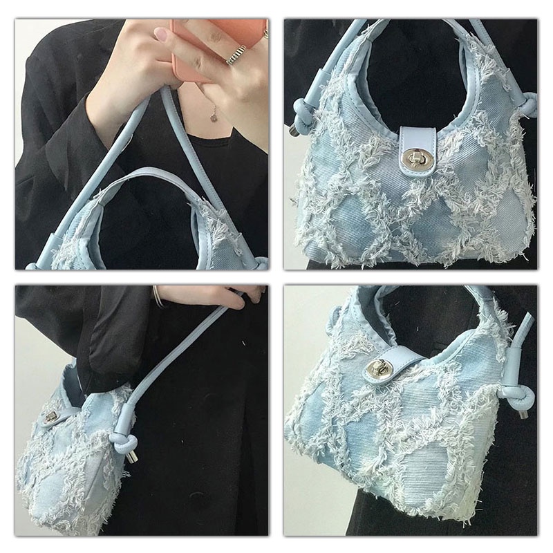 Túi Đeo Vai AlphaZ y2k Chất Liệu Denim Phối Tua Rua Đơn Giản Phong Cách retro