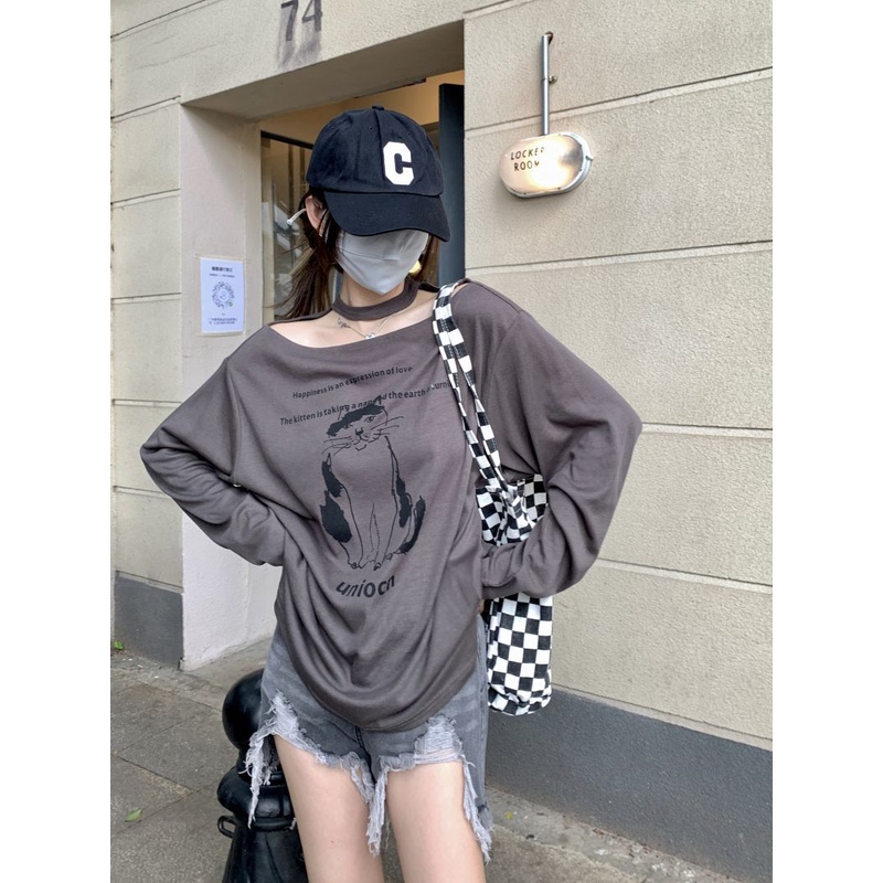 Áo Thun Tay Dài Dáng Rộng Trễ Vai In Họa Tiết Thời Trang Mùa Hè Mới Trẻ Trung Cho Nữ