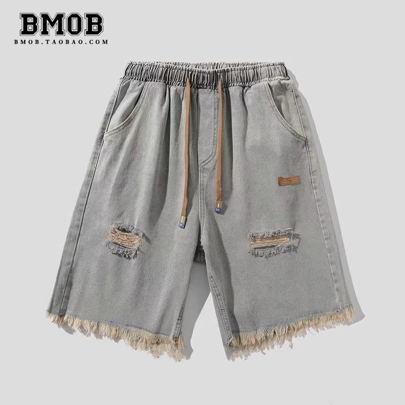 Quần Short Denim Ống Rộng Phối Dây Rút Thời Trang Hip Hop Đường Phố Cá Tính Cho Nam