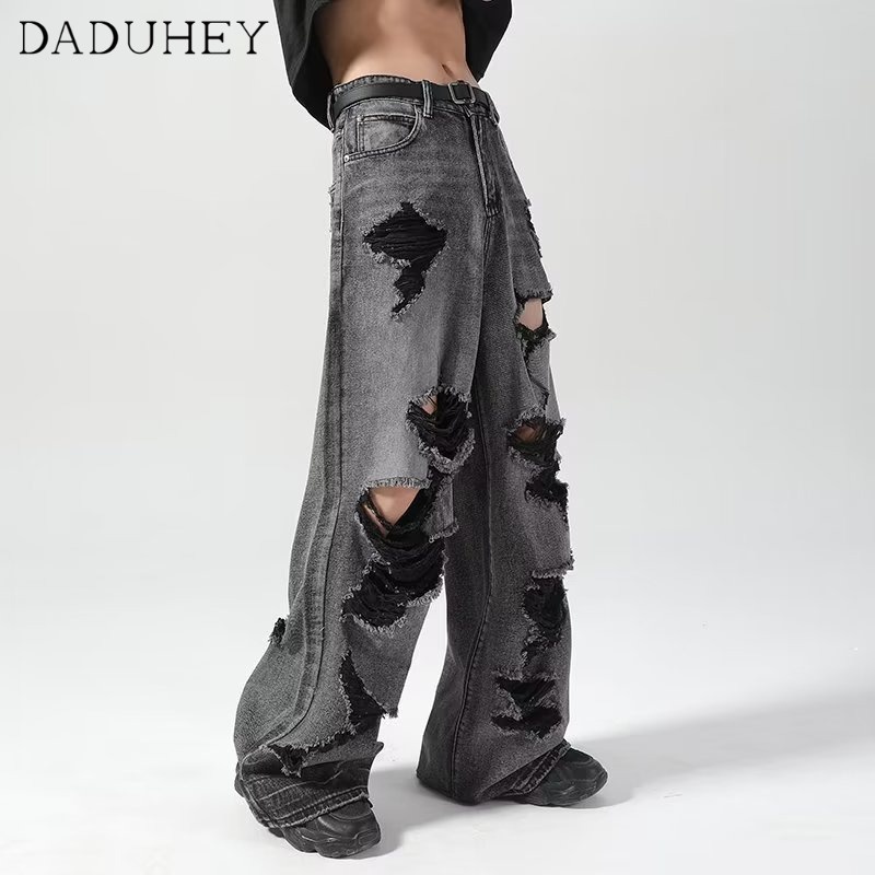 DaDuHey Men's Ins Trend Korean Style Handsome All-Matching Casual Pants 2023 Summer New High Street Ripped Jeans