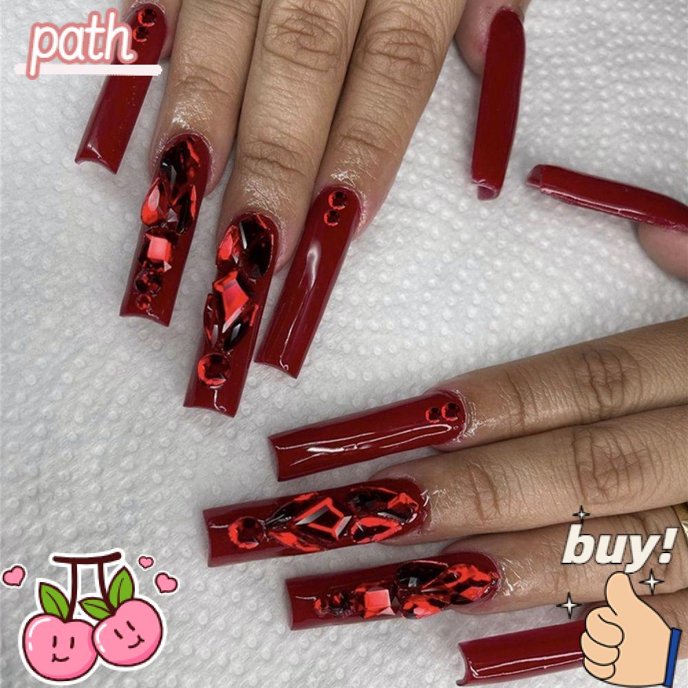 PATH Hộp 24 Móng Tay Giả Che Phủ Toàn Diện Đính Kim Cương Giả Kiểu Pháp Có Thể Tháo Rời