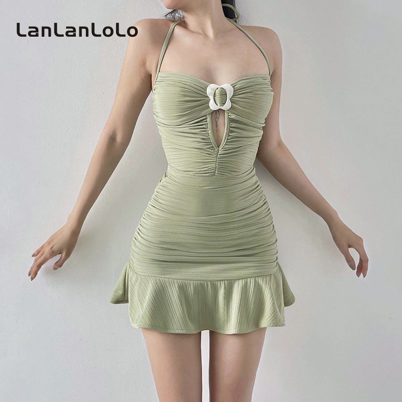 Đầm dây LanLanLoLo khoét rỗng xếp nếp màu trơn thời trang 2023 cho nữ