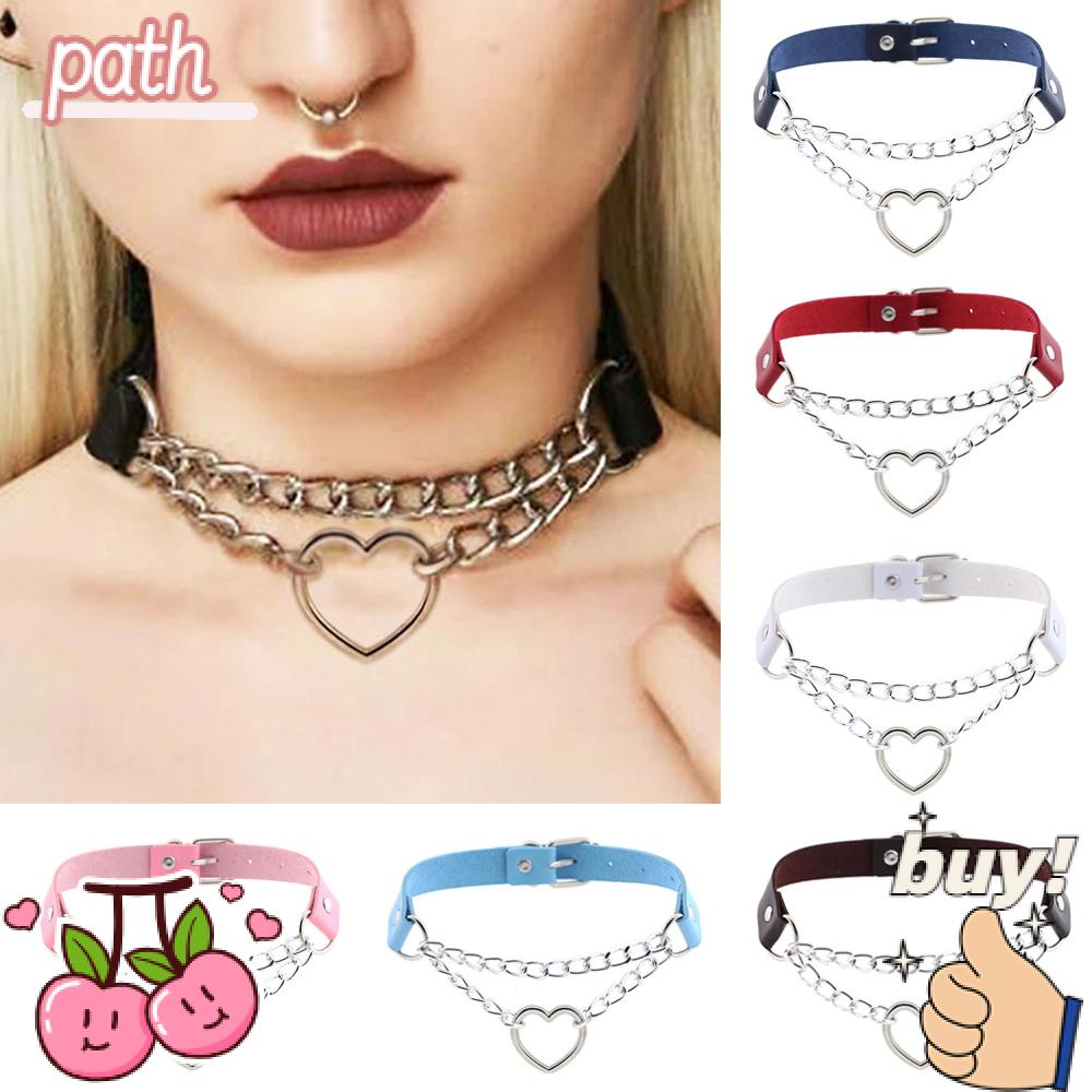 PATH Dây Chuyền Da PU Mặt Trái Tim Phong Cách Gothic