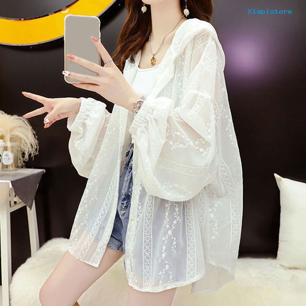 Áo Khoác Chống Nắng / Tia UV Vải Lụa Lạnh Mỏng Tay Dài Có Mũ Trùm Thêu Họa Tiết Thời Trang Mùa Hè Cho Nữ