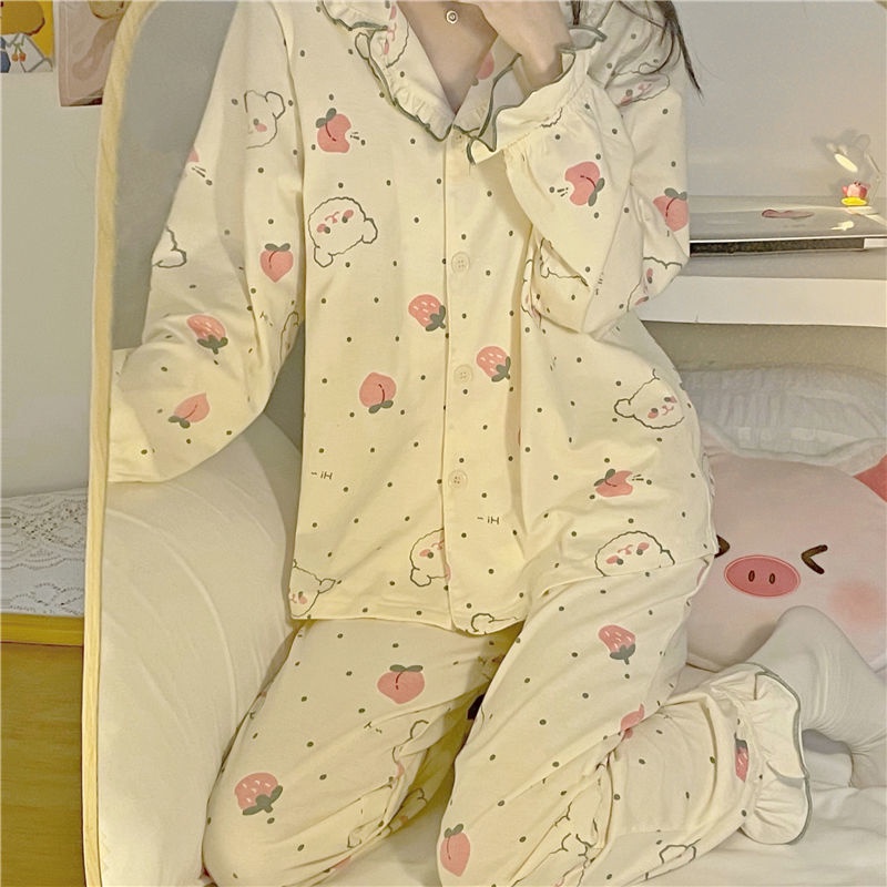 Bộ Đồ Ngủ Tay Dài Phối Bèo In Họa Tiết Hoạt Hình Chú Gấu Dễ Thương Thời Trang Thu Đông Cho Nữ