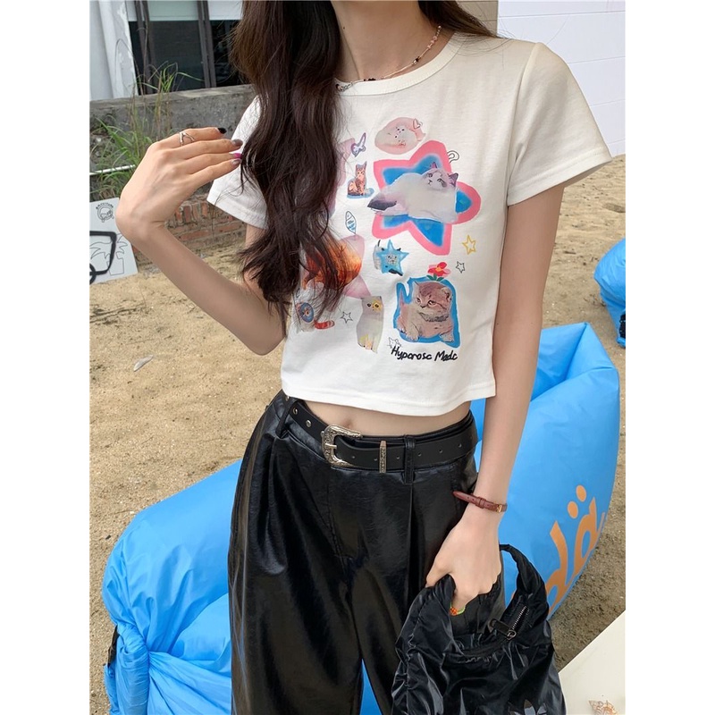 Áo Baby Tee Thun Croptop Nữ Tay Ngắn Hở Vai Dáng Ôm In Hình Mèo Thời Trang Mùa Hè Hàng Mới Dành Cho Bạn Nữ