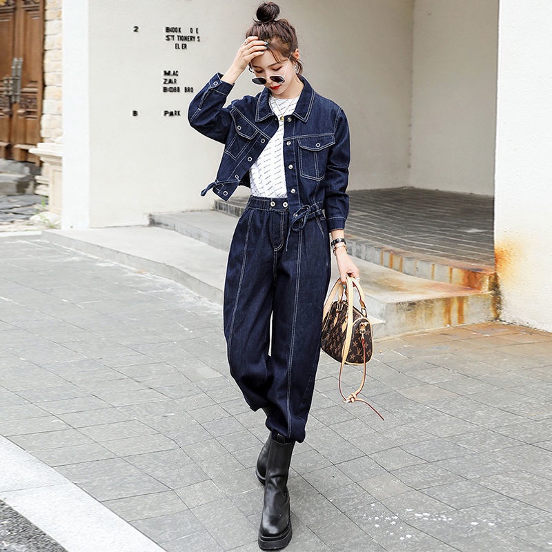 Bộ Áo Khoác Denim Dài Tay Mềm Mại Dáng Rộng + Quần Yếm Dài Đến Mắt Cá Chân Co