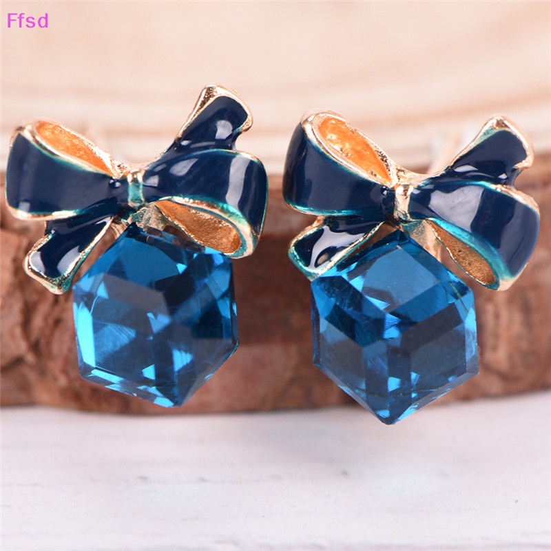 {Ffsd} Khuyên Tai Hình Nơ Tráng Men Đính Đá Pha Lê Xanh Dương Làm Quà Tặng Cho Nữ * Giảm Giá Hot