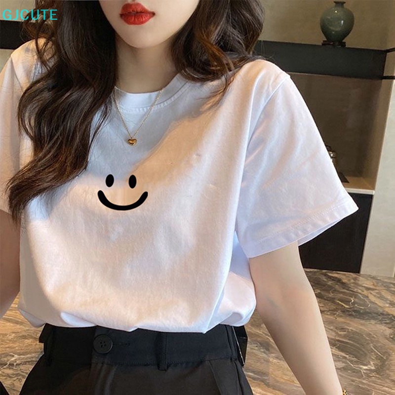 Áo thun nữ GJCUTE cổ tròn tay ngắn in hình mặt cười thời trang mùa hè