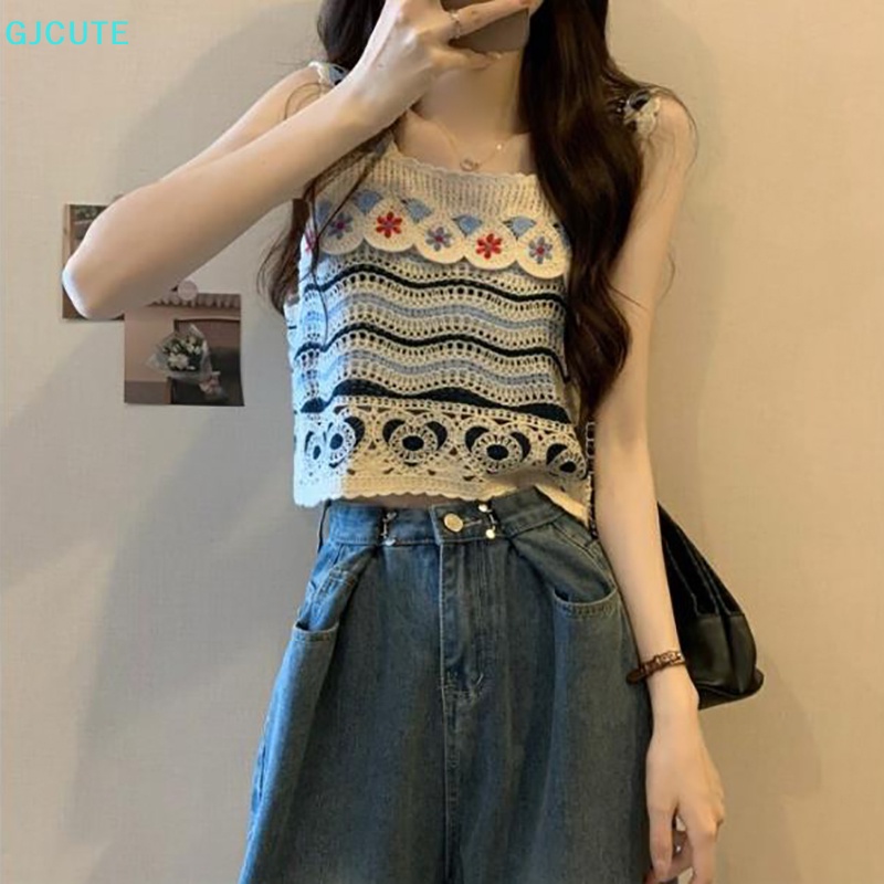 GJCUTE Áo Dệt Kim Nữ Không Tay Thêu Họa Tiết Rỗng Kiểu Vintage Thời Trang Mùa Hè