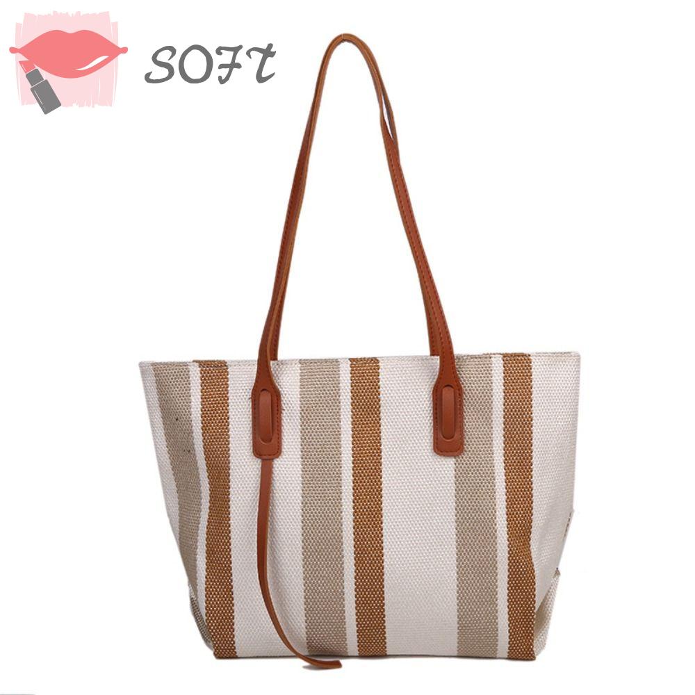 SOFTNESS Túi Tote Đeo Vai Vải Canvas Cỡ Lớn Họa Tiết Kẻ Sọc Thời Trang Cho Nữ
