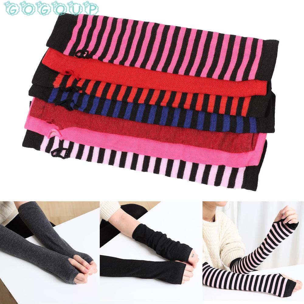 GOGOUP Găng Tay Len Dài Hở Ngón Họa Tiết Kẻ Sọc