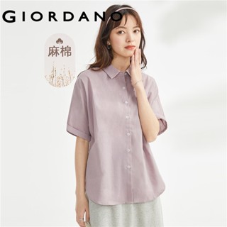 Áo sơ mi GIORDANO 13343226 cotton vải lanh dáng rộng tay ráp dành cho nữ