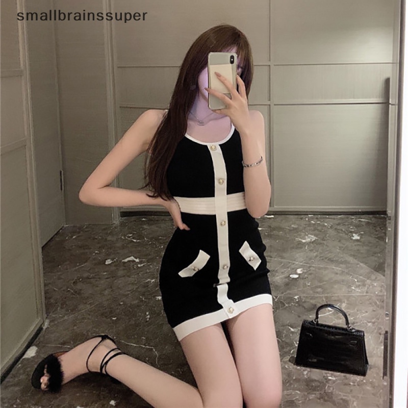 Đầm Dệt Kim Mini Sát Nách Cổ Chữ U Phối Nút Giả Túi Thời Trang Đường Phố SBS