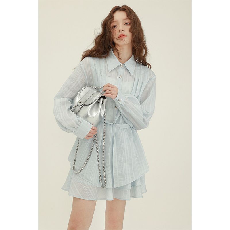 Set Áo Sơ Mi Chiffon Dài Tay Và Chân Váy Dài Màu Xanh Dương Thời Trang Mùa Thu Mới 2023 Cho Nữ