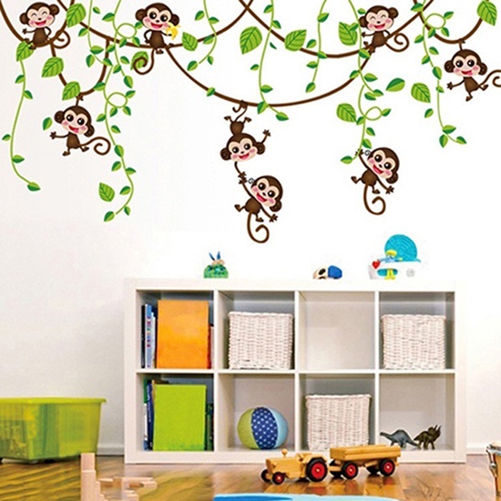 Miếng Dán Tường Hình Chú Khỉ Leo Cây Dễ Thương Trang Trí Phòng Bé