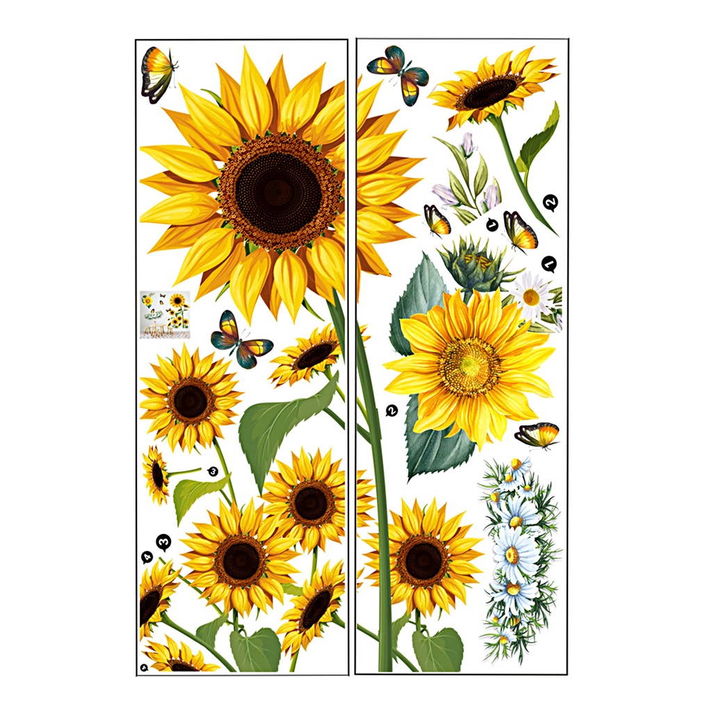 Set 2 Miếng Dán Tường Tự Dính Bằng PVC Chống Thấm Nước Hình Hoa Hướng Dương Và Bướm