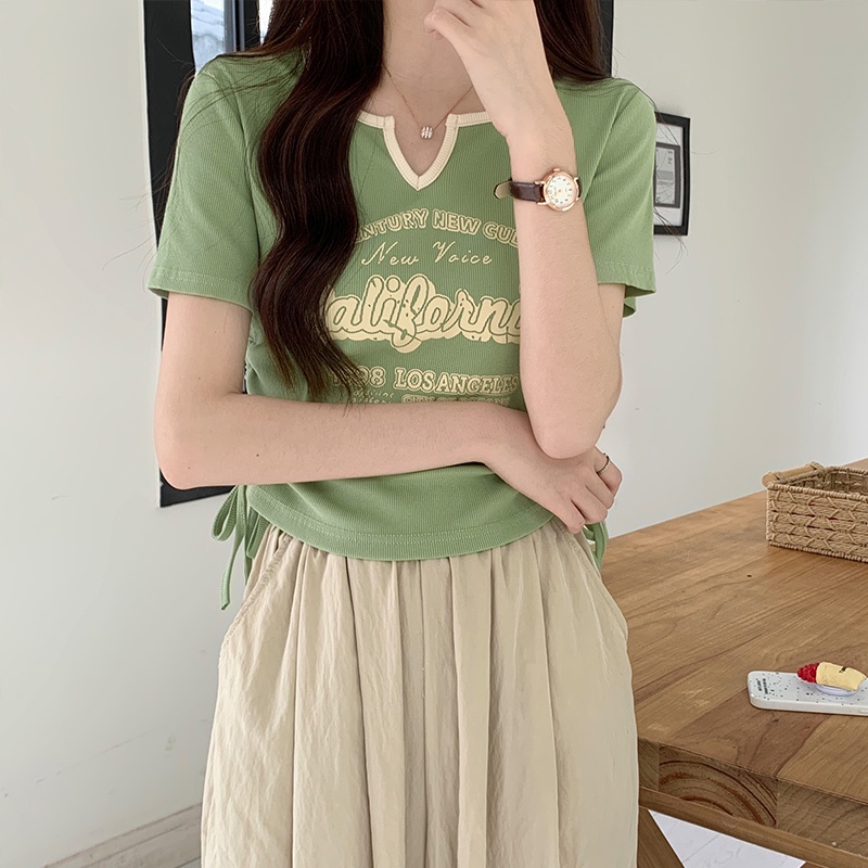 Áo Thun Tay Ngắn Cổ Chữ V In Họa Tiết monogram Tương Phản Thời Trang Hàn Quốc Cho Nữ