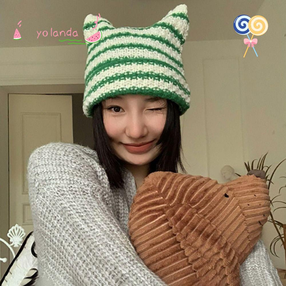 YOLA Mũ beanie Tai Mèo Họa Tiết Kẻ Sọc Dễ Thương Phong Cách Nhật Bản