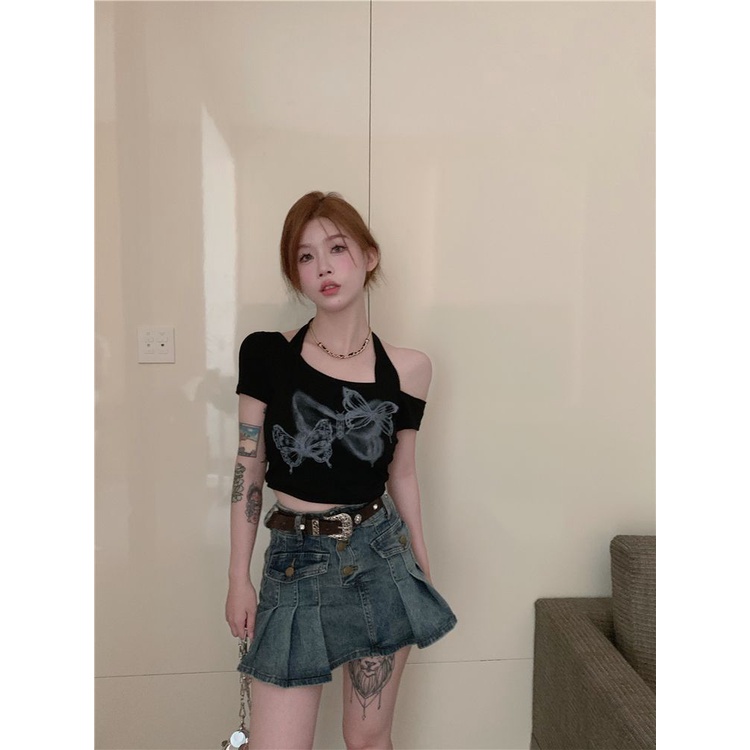 Áo Thun Ngắn Tay Trễ Vai In Họa Tiết Bướm Xinh Xắn Dành Cho Nữ