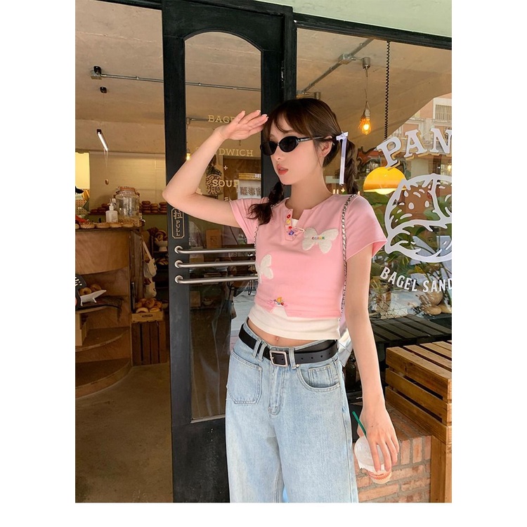 Áo Thun Tay Ngắn Giả Hai Lớp Dáng Ôm Họa Tiết Bướm Dễ Thương Thời Trang Mùa Hè