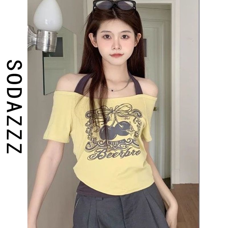 Áo Thun Ngắn Tay Giả Hai Lớp Màu Sắc Tương Phản Phong Cách Retro Dành Cho Nữ