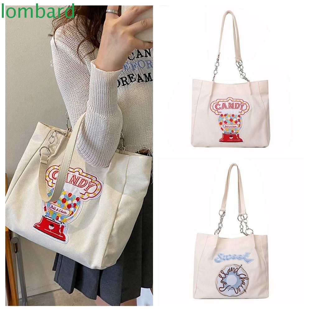 LOMBARD Túi Tote Vải Canvas Thêu Chữ Sức Chứa Lớn Có Thể Tái Sử Dụng Thời Trang Đi Biển