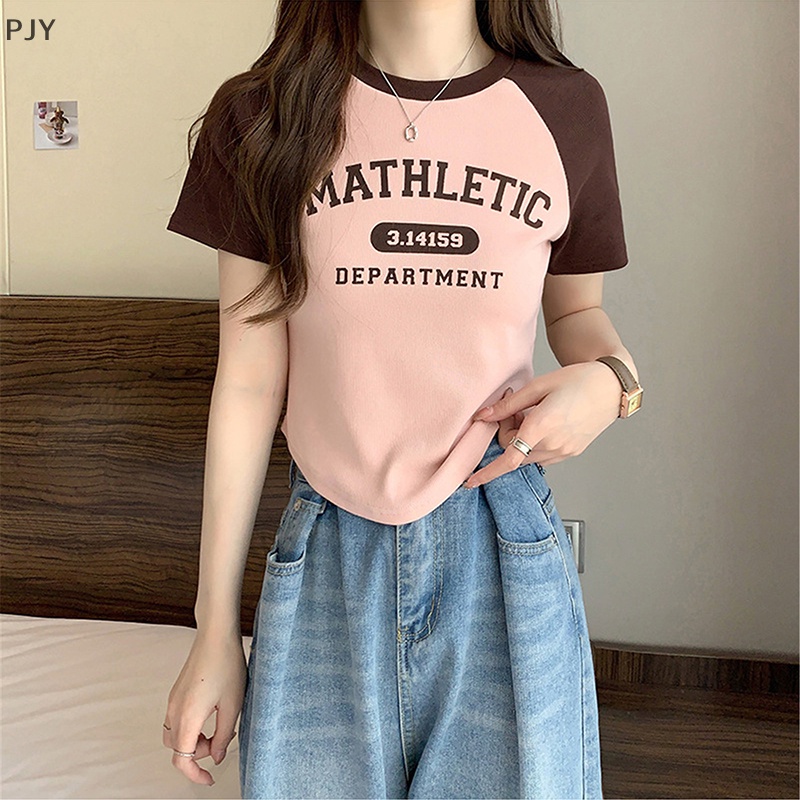 Áo Thun Tay Ngắn Cổ Tròn In Chữ Màu Sắc Tương Phản Thời Trang Mùa Hè Cho Nữ PJ