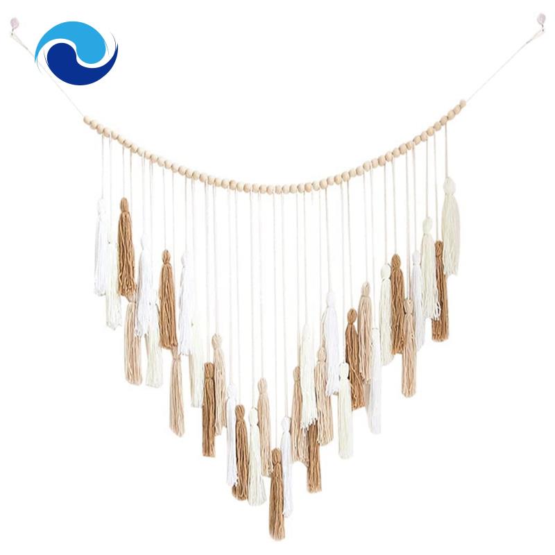 1 Thảm Dệt Macrame Lớn Màu Trắng / Be / Khaki / Xanh Dương Đính Hạt Gỗ Treo Tường Trang Trí Phong Cách Boho