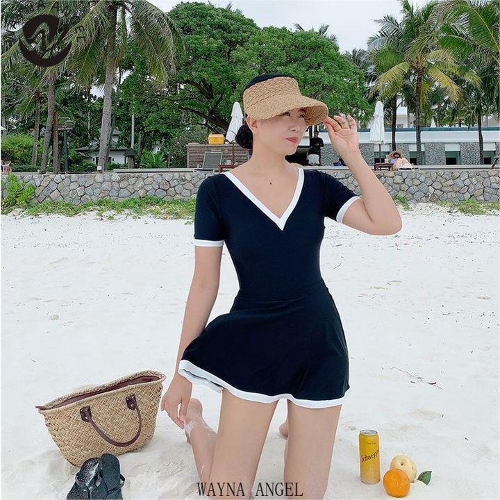 (wayna Angel) phụ nữ váy đen sâu v tay ngắn bảo thủ du lịch bãi biển bơi lội một mảnh đồ bơi
