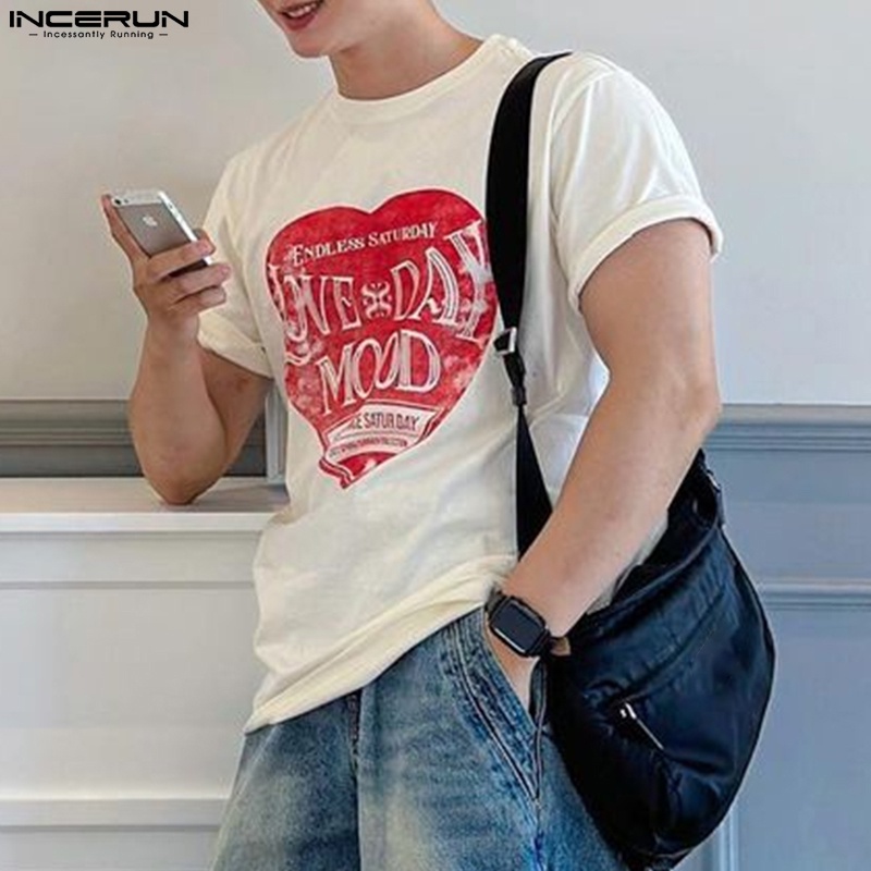 INCERUN Áo Thun Nam Ngắn Tay In Chữ Love Thời Trang Hàn Quốc