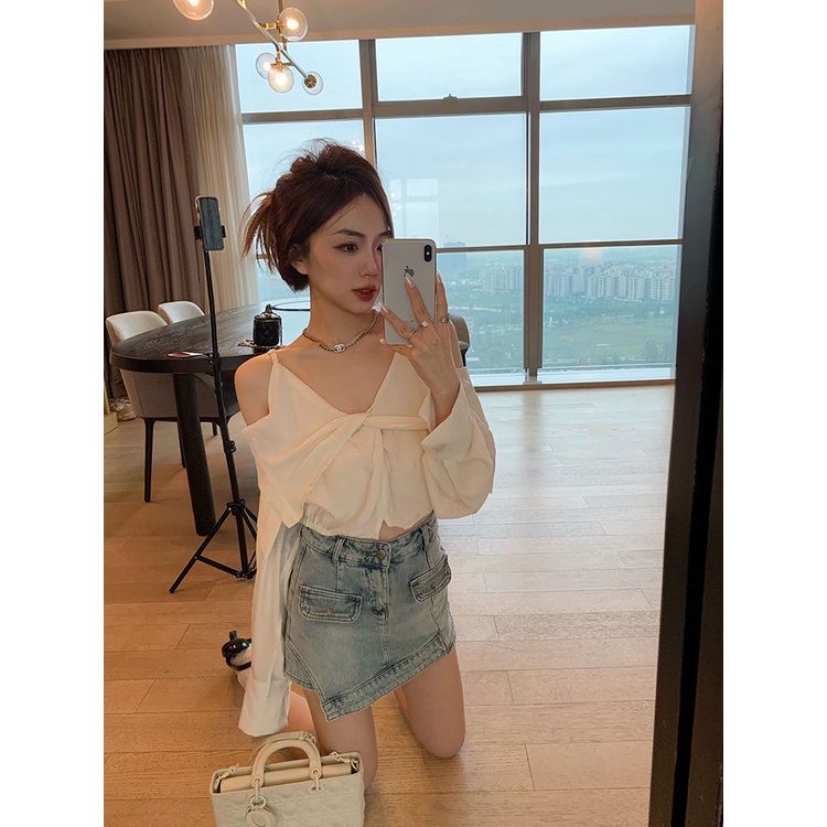 Áo Sơ Mi Trễ Vai Tay Dài Màu Trơn Thời Trang Hàn Quốc