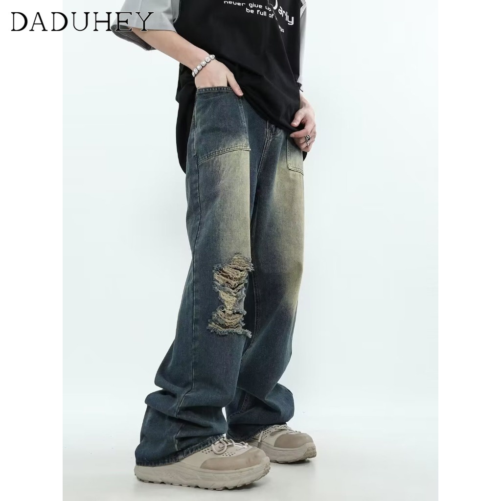 DaDuHey New American Ins High Street Retro Ripped Jeans Niche High Waist Wide Leg Pants Large Size Trousers