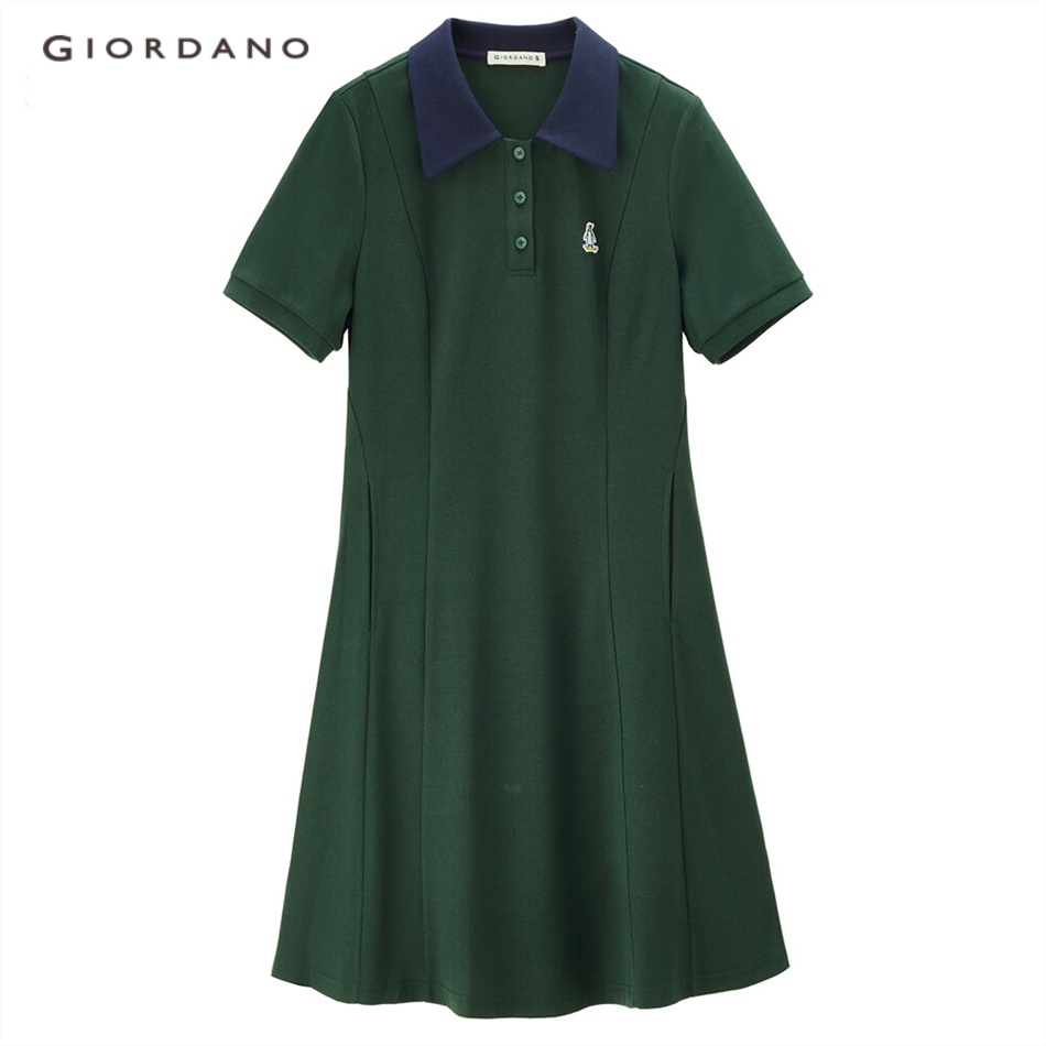 Đầm polo GIORDANO 18463214 vải waffle thêu chim cánh cụt cho nữ