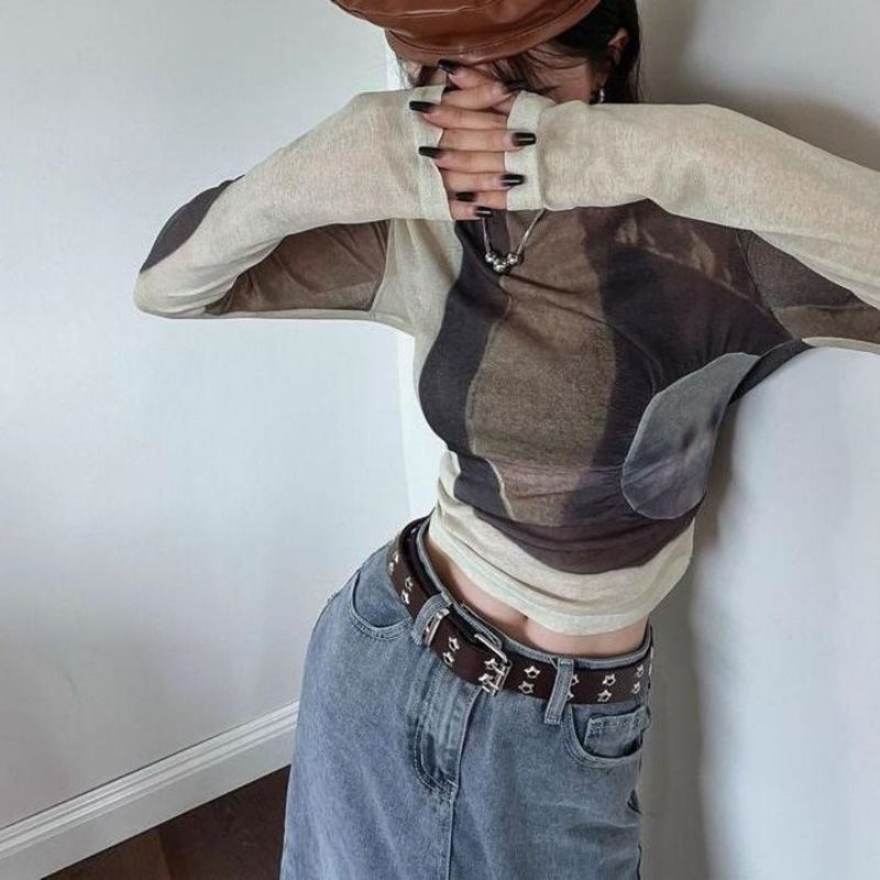 Áo Croptop Tay Dài Cổ Tròn Nhuộm Màu Ôm Dáng Co Giãn Thời Trang Đường Phố Cho Nữ