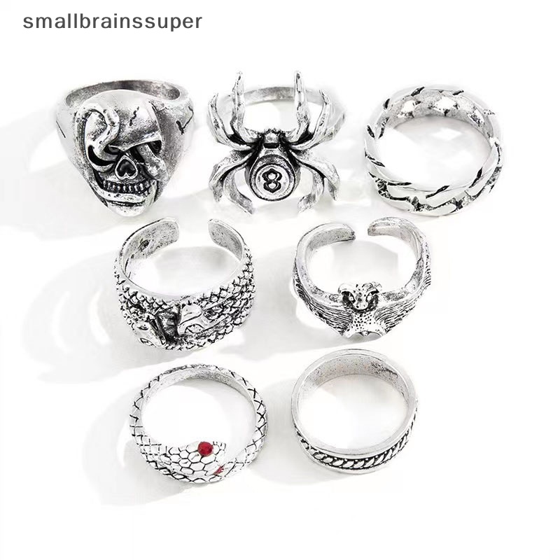 Set 7 Nhẫn Mạ Bạc Hình Rắn / Nhện Đính Đá Phong Cách Gothic Punk Cho Nữ