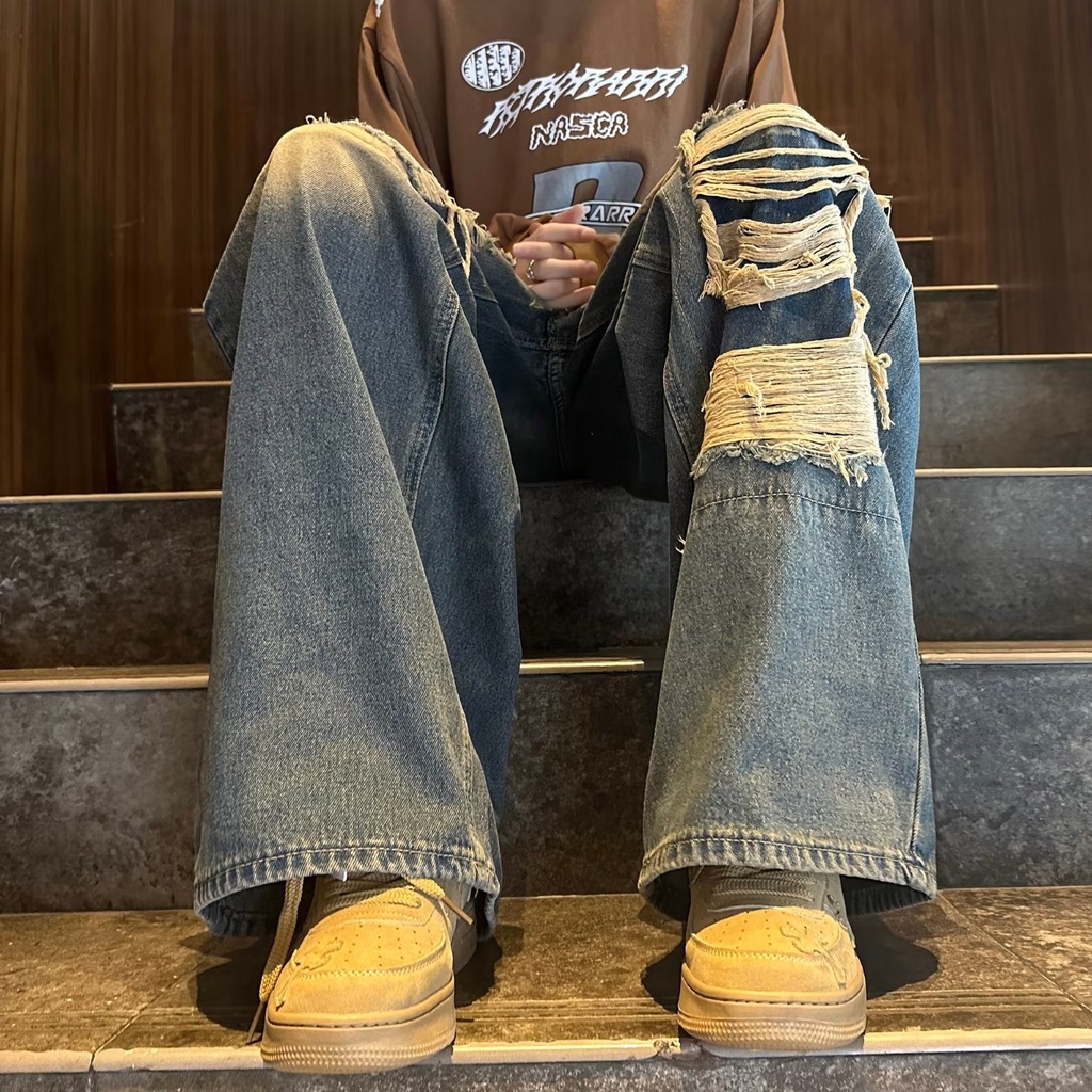 Quần Jean Dài Ống Rộng Phối Rách Kiểu Retro Đường Phố Thời Trang Mùa Hè Cá Tính