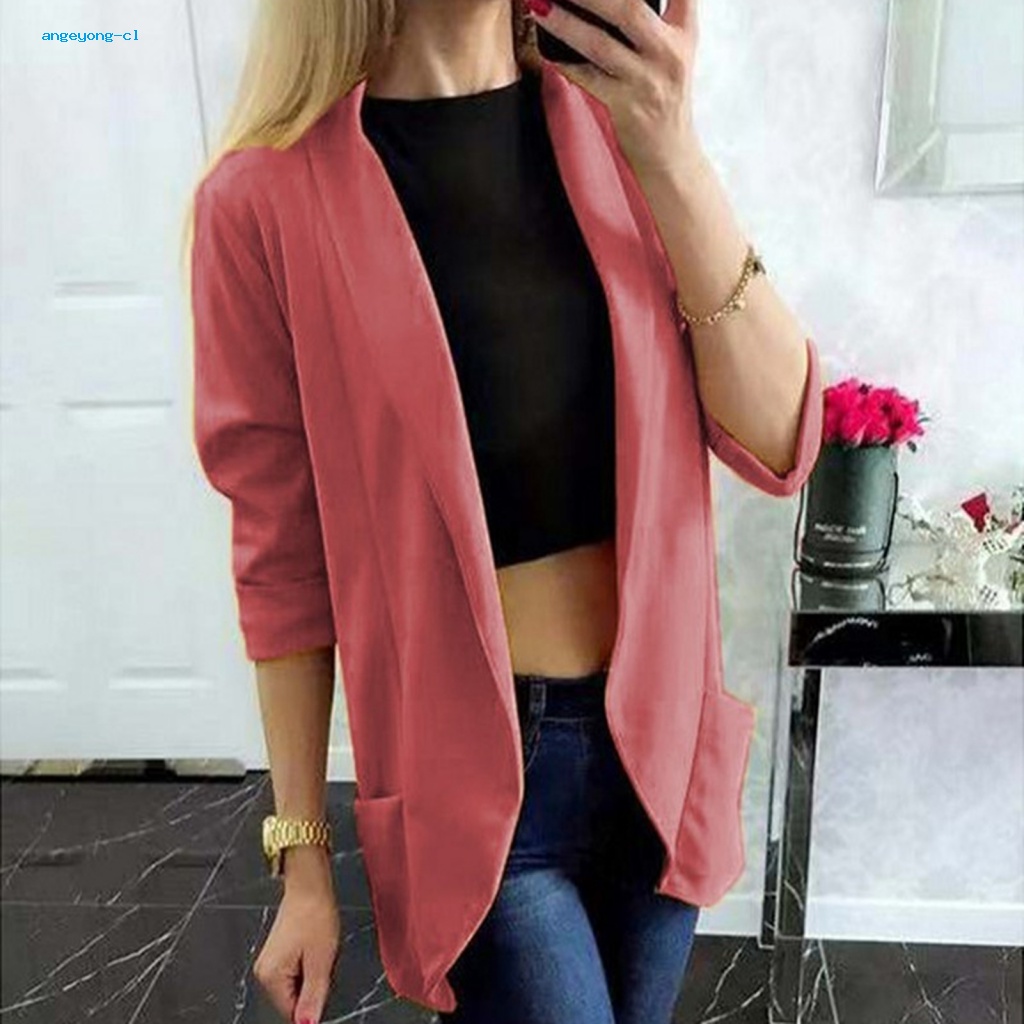 Angeyong Áo Khoác Suit Màu Trơn Dài Trung Bình Có Túi Thời Trang Xuân Thu Cho Nữ