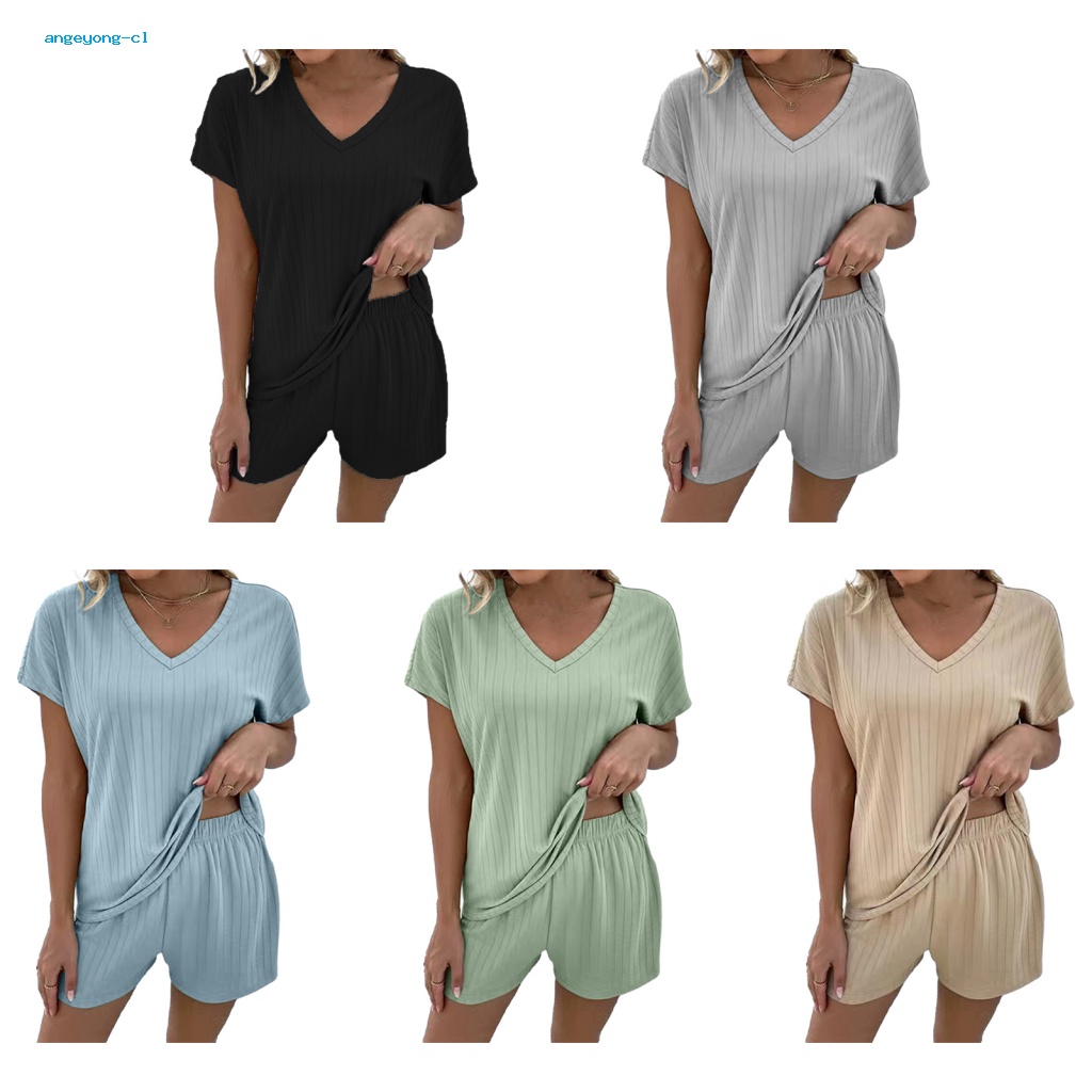 Bộ Đồ Ngủ 2 Món Áo Tay Ngắn Cổ Chữ V Phối Quần Short Lưng Thun Dáng Rộng Thời Trang Cho Bạn Gái